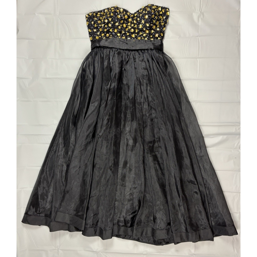 Flirt by Maggie Sottero Formal Gown Size 12 Black Tulle Gold Beaded Bodice Prom